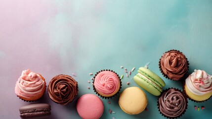 Various cupcakes and macarons on a pastel background with a mix of colors and textures.