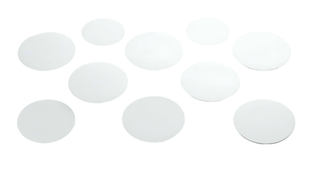 Eleven oval, white shapes with subtle shading are scattered against a black backdrop - Powered by Adobe