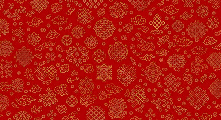Vibrant Chinese New Year celebration pattern with golden clouds and lucky knots on bold red background, perfect for festive designs and cultural projects