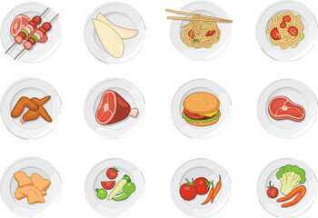 Cartoon food plates, international cuisine, colorful dishes, meal variety, tasty illustration, culinary icons, restaurant menu, food grid, cooking concept, nutrition education, playful design