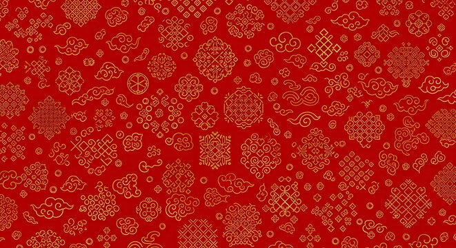 Vibrant Chinese New Year celebration pattern with golden clouds and lucky knots on bold red background, perfect for festive designs and cultural projects