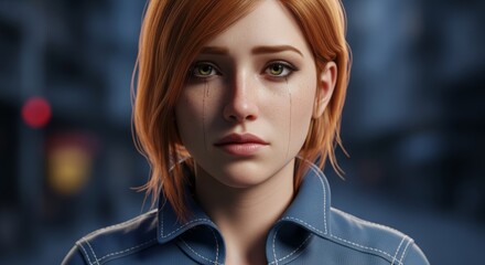 Close-up portrait of a young woman with short red hair and a serious expression cinematic lighting.