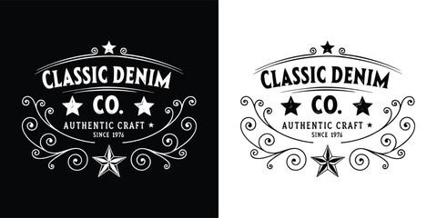 Classic denim co authentic craft since 1976 logo, vintage badge, distressed style, black and white