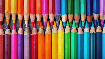Fototapeta premium A colorful array of colored pencils arranged in a neat row, with each pencil displaying a different hue of red, orange, yellow, green, blue, and purple. 