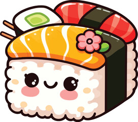 Cute Kawaii Sushi Character Illustration, Adorable Japanese Food Icon with Salmon and Tuna, Smiling Sushi Roll with Flower Decoration