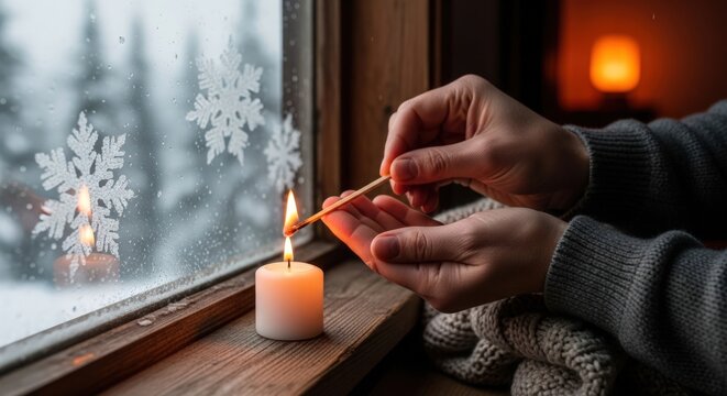 Person lighting a match to a candle on a windowsill with snowflakes outside in a cozy setting.