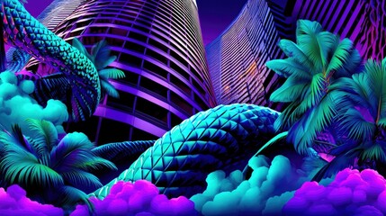 A surreal and vibrant cityscape featuring futuristic buildings intertwined with lush tropical palm fronds. The scene is illuminated by an otherworldly neon glow
