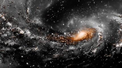 A vibrant spiral galaxy, illuminated by its central core, is depicted against a dark expanse of space filled with countless stars and swirling dust clouds.