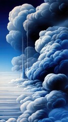A vast expanse of dramatic, volumetric clouds in shades of white and deep blue, with thin, glowing digital lines forming pathways leading towards a futuristic c