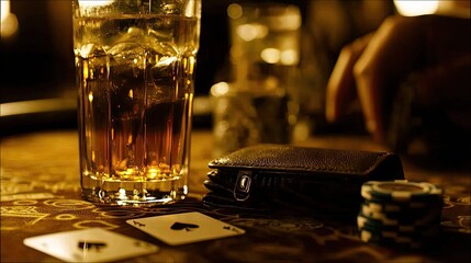 A close-up shot of a glass of whiskey with ice, a wallet, a stack of poker chips, and playing cards on a patterned table. A blurred hand is reaching into the fr