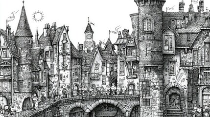 A detailed black and white illustration of a bustling medieval town with whimsical architecture, a stone bridge, and small, cheerful characters. The sun is shin