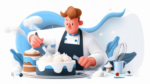 A cheerful baker decorates a large cake with frosting, surrounded by baking tools and ingredients in a colorful kitchen setting.