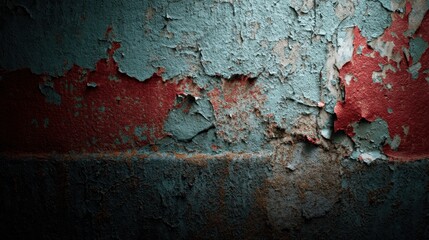 Obraz premium A weathered, peeling wall with red and blue paint, showing signs of rust and wear, with a dark, shadowy background.