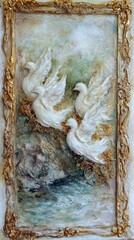 A textured bas-relief artwork featuring four white doves with outstretched wings, depicted in flight above a turbulent body of water. The scene is framed by an