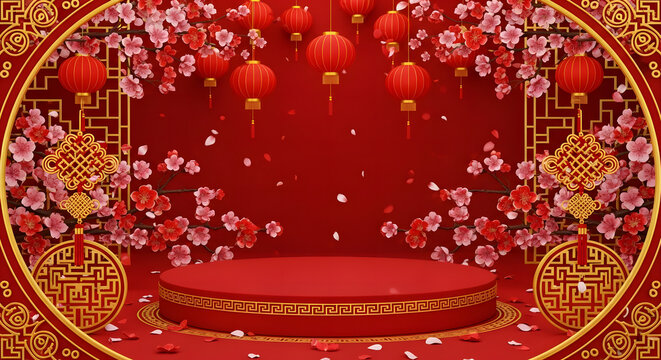 Vibrant Chinese New Year celebration backdrop with lucky red lanterns and blossom branches, perfect for festive product displays and Lunar New Year promotions
