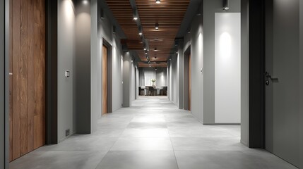 Contemporary interior hallway with multiple doorways and warm overhead lighting draws focus toward a distant seating area