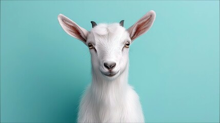 A close-up portrait of a young white goat with large ears and small horns, looking directly at the camera with a curious expression. The background is a solid,