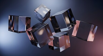 Abstract 3D rendering of transparent crystal cubes with light reflections and modern design elements