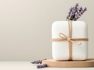 A white, square gift box with rounded corners, tied with twine and a bow, featuring fresh lavender sprigs emerging from the top. It rests on a light brown woode