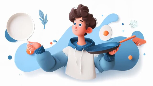 A cheerful character holding a frying pan and a strainer with colorful abstract shapes in the background.