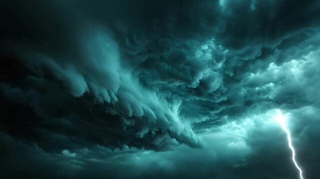 Moody, atmospheric image of swirling storm clouds in deep teal and dark blues