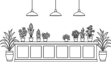 Line art illustration of potted plants on a counter with hanging pendant lights table