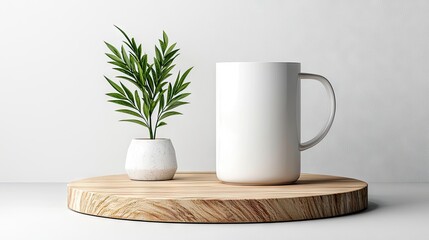 A clean white ceramic mug and a small potted green plant with delicate leaves are placed on a round, light-colored wooden stand against a plain white background