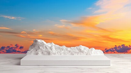 A white, textured mountain-like sculpture is placed on a white rectangular pedestal, set against a vibrant sunset sky with orange and blue clouds.