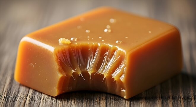 A macro shot capturing the delicious texture of a chewy salted caramel candy with a bite taken out, sprinkled with sea salt crystals on a wooden surface