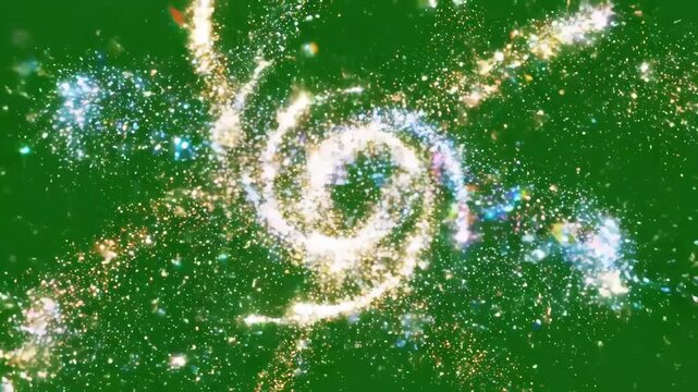Sparkling Particles on Green Screen - This video shows streams of glittering particles in blue, gold and white against a green backdrop, resembling light trails or abstract magical effects.