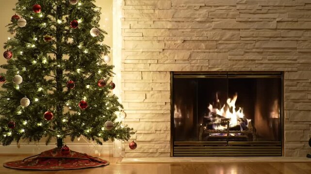 Christmas tree close up on burning fireplace background