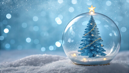 A beautiful blue christmas tree in a sparkling snow globe, resting on fresh snow with a magical bokeh background, perfect for winter holidays