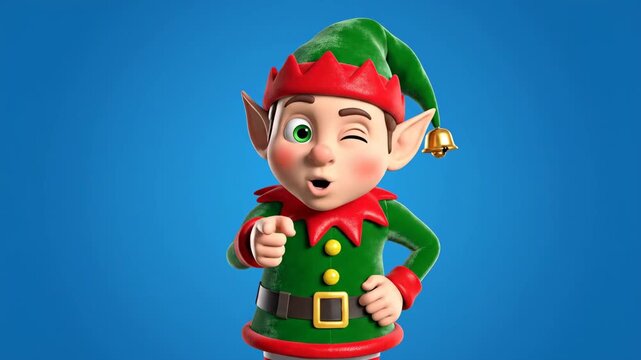 Happy Winking Elf Character - This video features a 3D video cartoon of a smiling, winking elf character against a blue background.