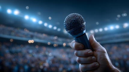 Hand holding a dynamic microphone aloft before a large, illuminated audience in a stadium setting