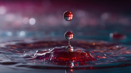 A vibrant red drop of water suspended in mid-air, creating a stunning visual effect against a dark, blurred background.