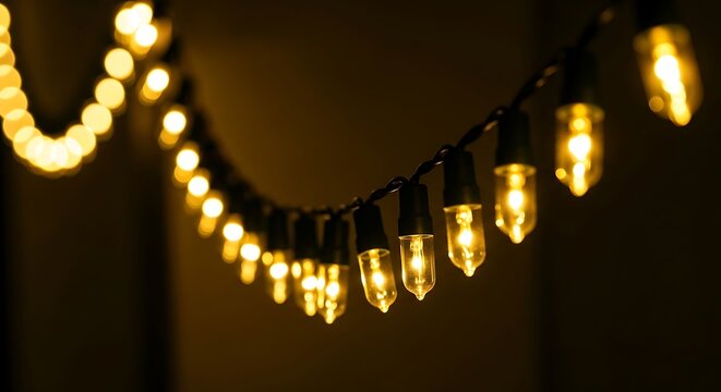 String of warm vintage edison bulbs hanging in a dark room