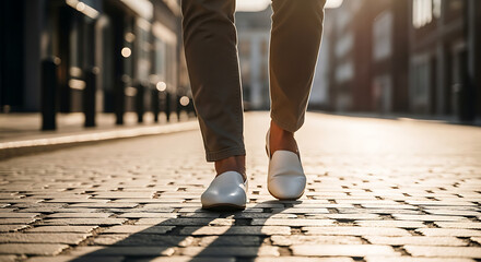 Walking feet on cobblestone street in sunlight