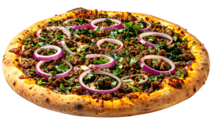 Ground meat pizza with red onion rings and herb garnish