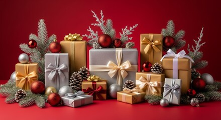 Festive Christmas Gift Boxes with Pine Branches and Ornaments.