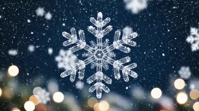 Winter Snowflake Background - This video shows a large, detailed snowflake against a dark blue background with falling snow.