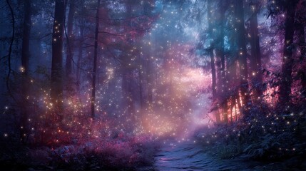 A mystical forest path with glowing stars and magical lights, leading through a dense, dark forest with tall trees and a misty atmosphere. 