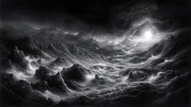 A dramatic, monochromatic landscape of rugged, textured mountains shrouded in mist and clouds, with a bright light breaking through the stormy sky.