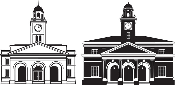 Two historical building silhouettes with clock towers silhouette