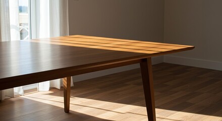 Stunning light streams across a modern, natural wood dining table, perfect for showcasing product placement or creating a warm, inviting atmosphere in your next design project