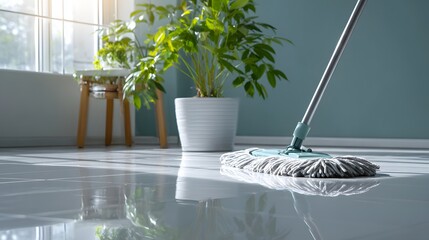 Household cleaning implement polishing a smooth floor surface illuminated by bright window light