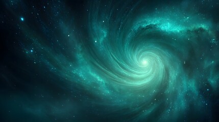 Brilliant cyan spiral structure dominates a deep space nebula filled with starlight