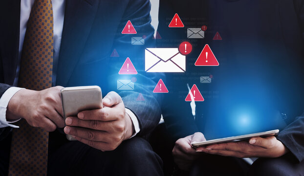 Concept of a cybersecurity warning for unsafe email communication. This alert signifies a phishing attack, spam, or malware risk that requires immediate attention to prevent fraud. Fermion