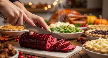 Hands slicing a prime rib roast on a cutting board with various side dishes on a table.
