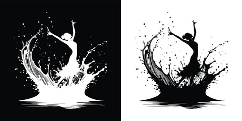Silhouette of a dancer splashing water, dynamic movement