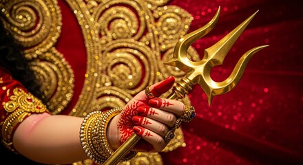 Fototapeta premium Goddess Durga Hand Holding Trishul Powerful Indian Deity Navratri Celebration Hindu Art Symbolism